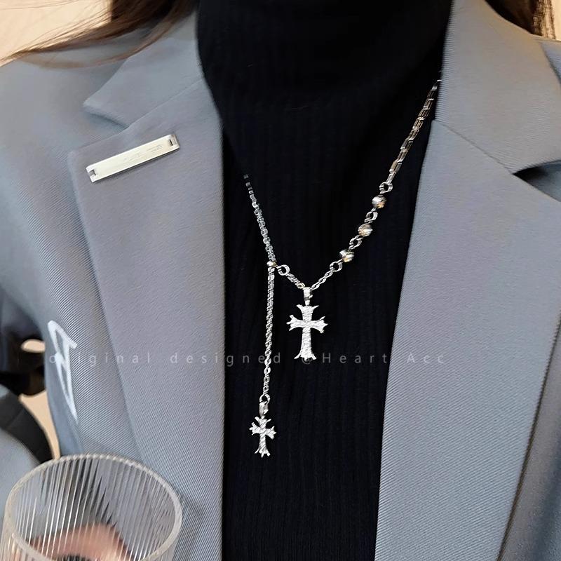 Double Cross Pendant Necklace Female Long Hip-hop Autumn and Winter Sweater Chain Fashionable and Simple Couple Sweater Chain with Accessories