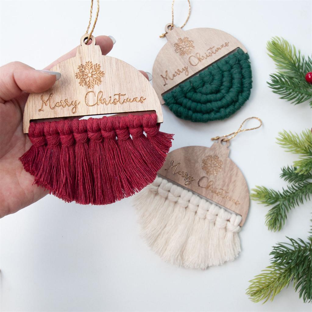 6pcs Macrames Woven Rope Wood Chips with Hole for Christmas Tree Decorations DIY Unfinished Wood Slices Ornaments