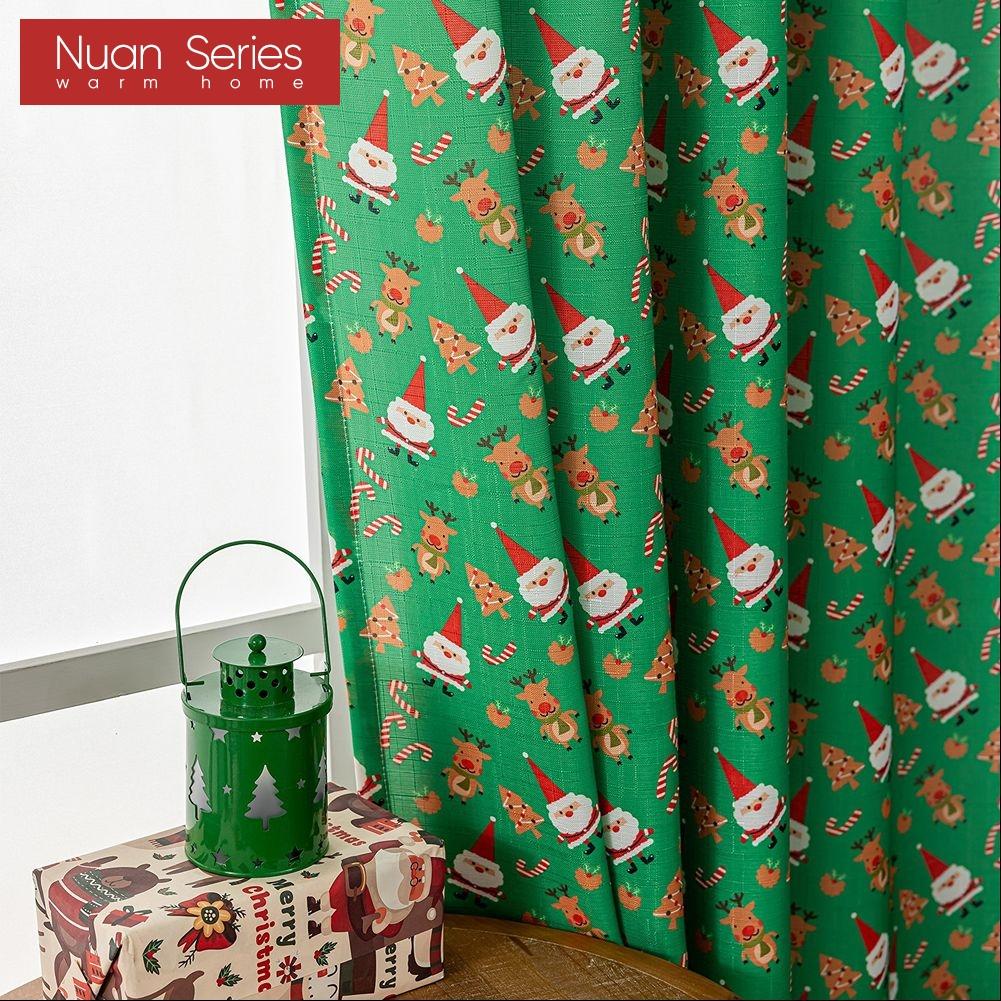 1PC Nuan Series Christmas Style Semi Blackout Curtains Santa Claus and Elk Pattern Green Curtains for Living Room Bedroom Balcony Window Home Decor