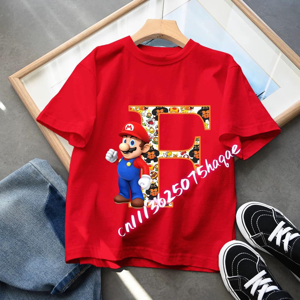 Super Mario Anime Birthday Lucky letter AZ Print T Shirt Cute Children Clothing Tops Toddler Tees Casual Clothes Tops Tees