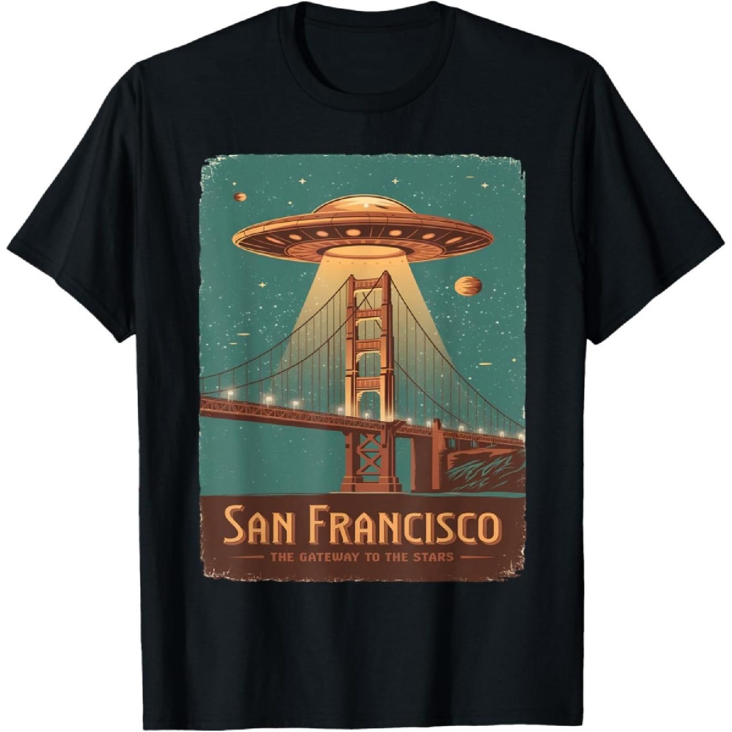 Retro Sci-fi San Francisco Golden Gate Bridge Fog City SF T-Shirt S