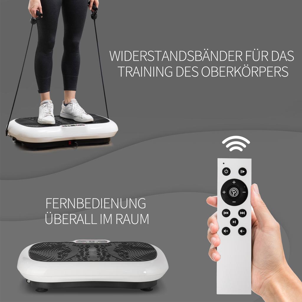 Plateforme vibrante avec 99 niveaux, 2 bandes de fitness, 73 x 40 x 13 cm, Blanc+Noir