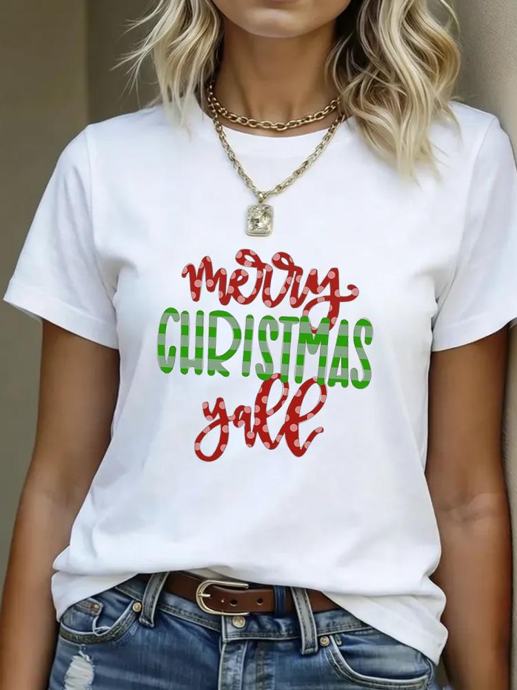 (Asian Size) T Shirt Print Casual New Year Short Sleeve T-shirts leopard Merry Christmas Fashion Women's Top O-neck Clothing Graphic Tee