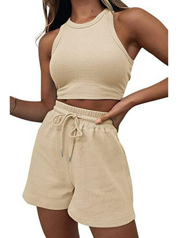 

2024 Женский европейский и американский летний свободный однотонный комплект без рукавов и с шортами Extra Large абрикосовый