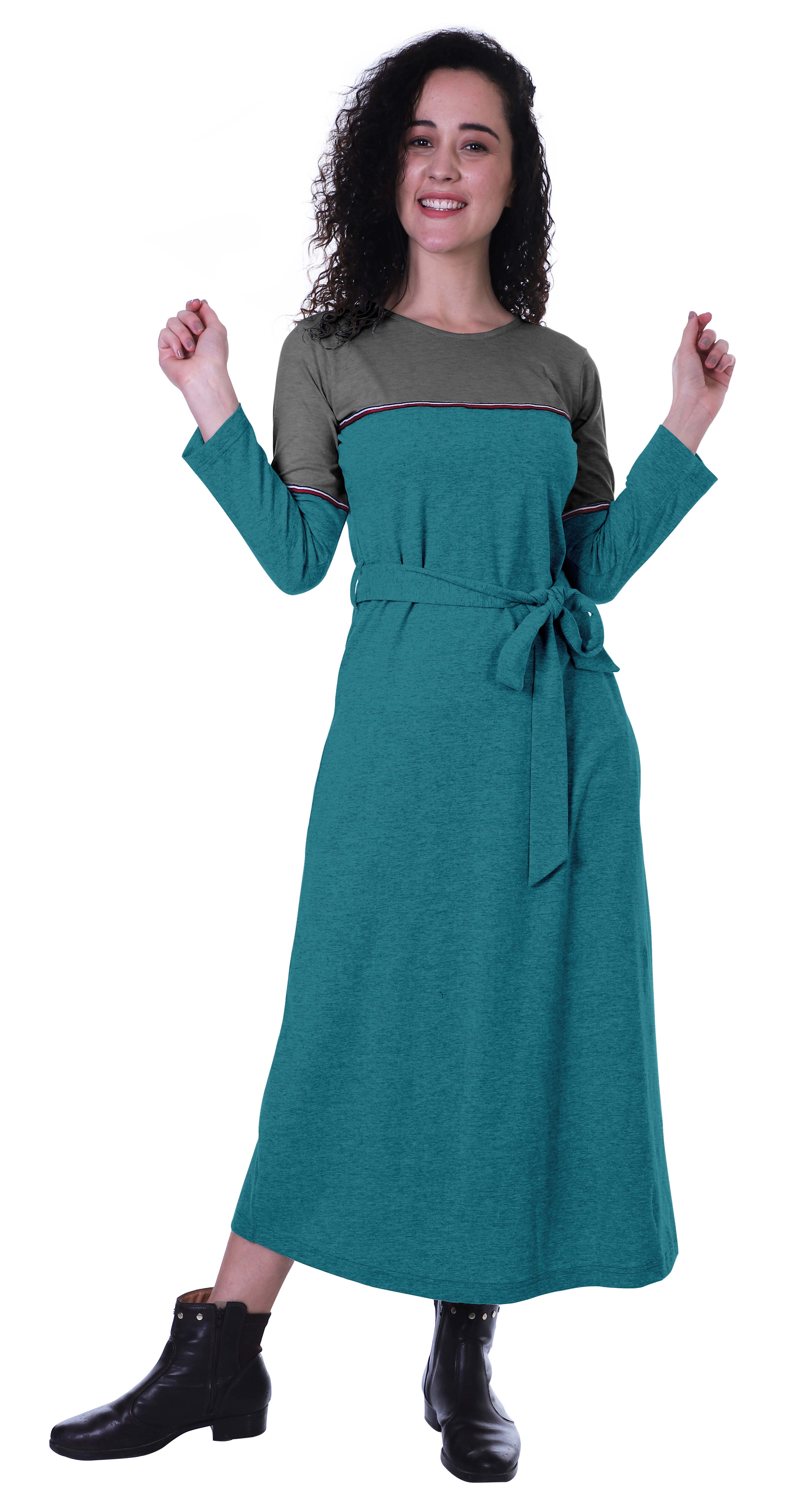 

Moomaya A-line Color Block Maxi Dress Casual Plain Waist Belted Long Dress XS чирок зелений колір