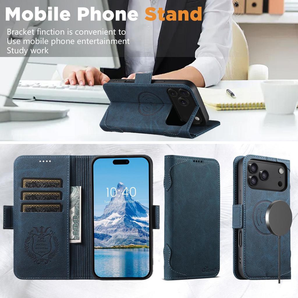 iPhone 17 Pro Flip Case with MagSafe, Card Slot, Wireless Charging, Stand, and Protective Leather Design