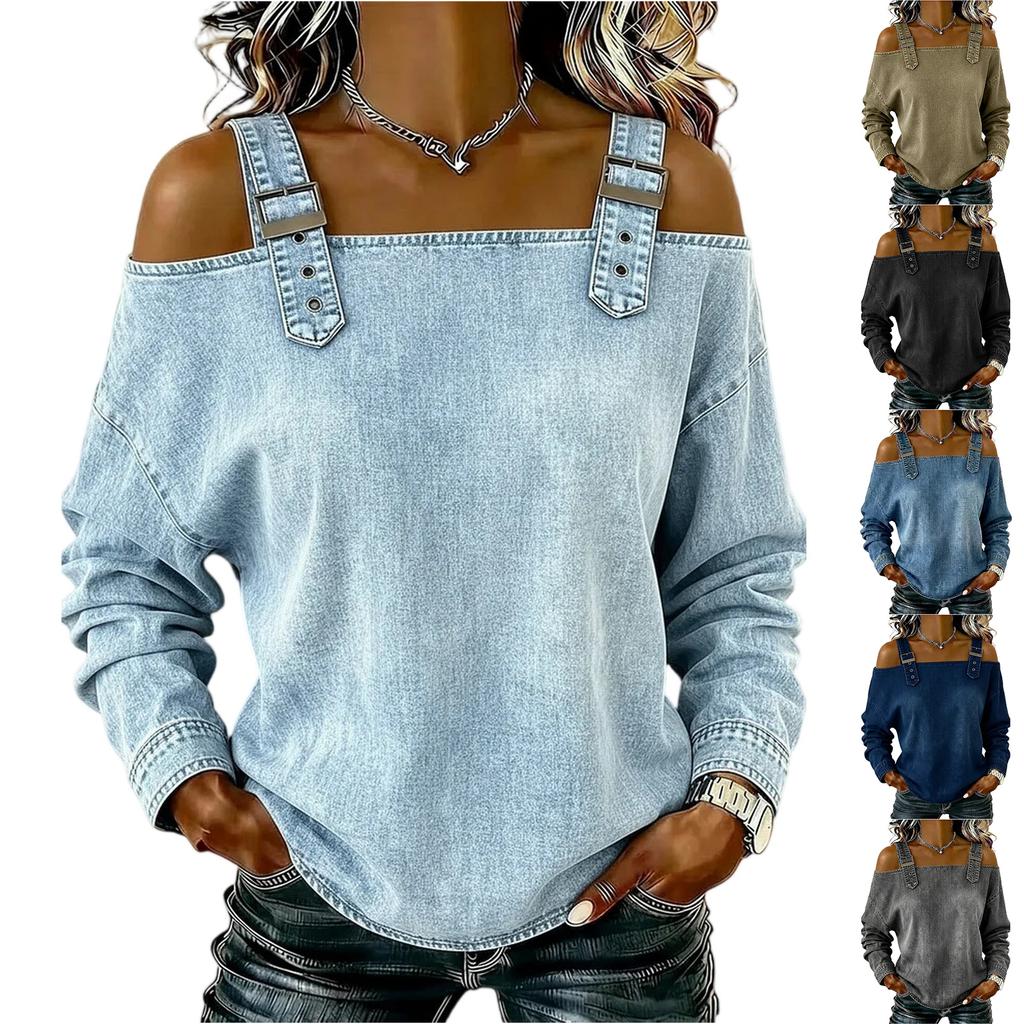 Women's Elegant And Versatile Off-the-shoulder Long-sleeved Top With Shoulder Straps.