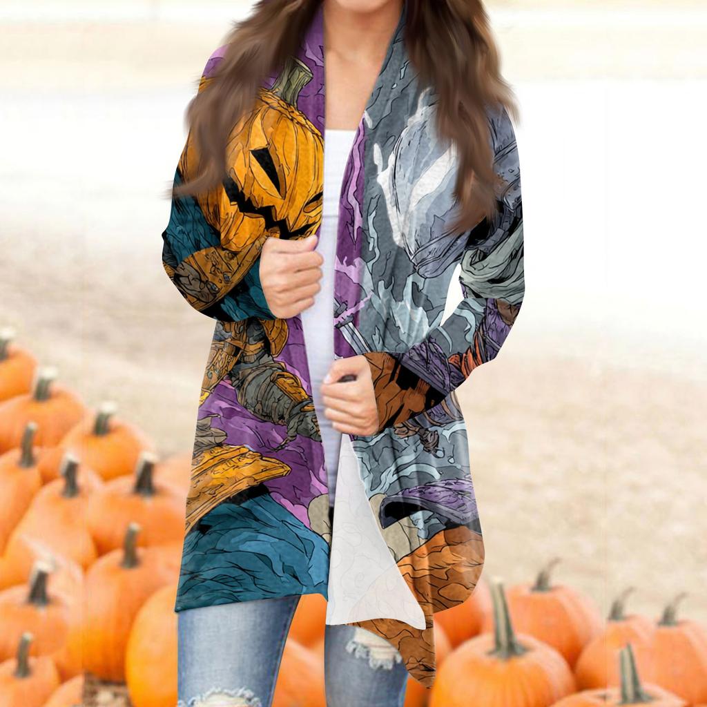 Women's Fashion Casual Halloween Printed Mid-Length Irregular Hem Cardigan Jacket