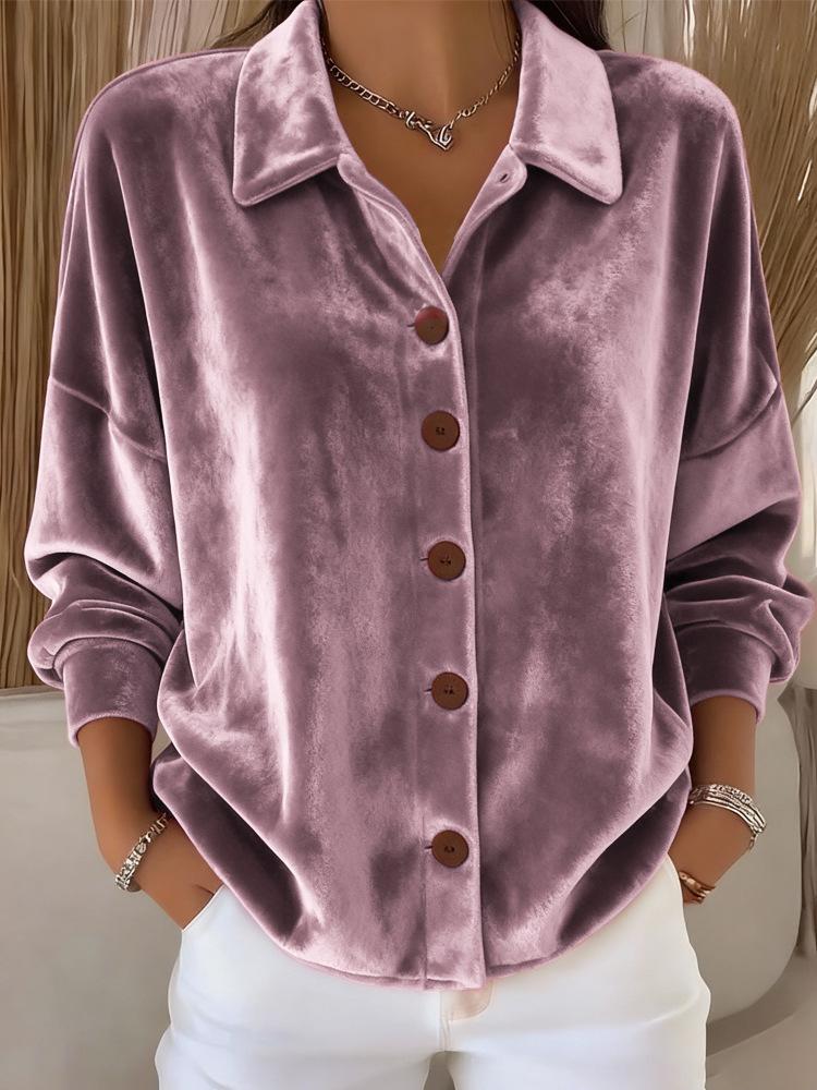 Women's Velvet Irt Long Sve Button Up Collar Casual Loose Fit Faionable Ele Sle Polyester Fiber Winter Season