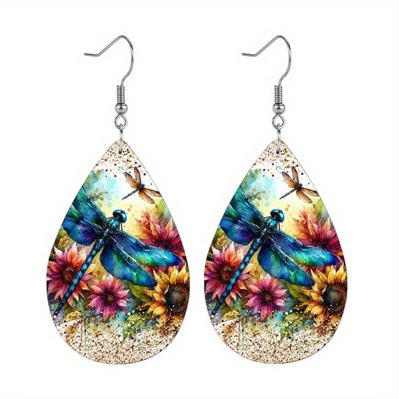 Colorful Dragonflies Flowers PU Leather Earrings Y2K Earrings Double-sided Printed Water Drop Earrings