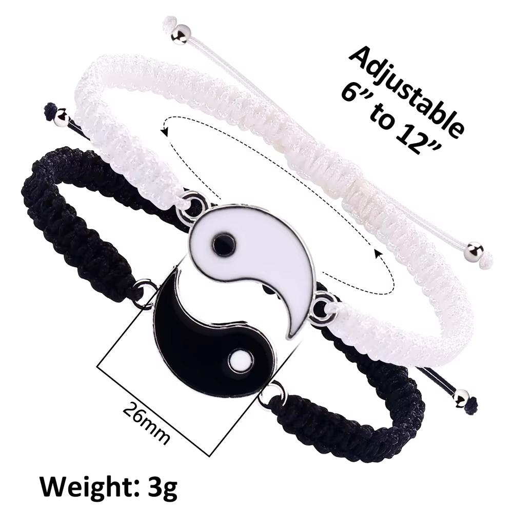 1 set of 2 Tai Chi Bagua black and white yin-yang rope woven telescopic adjustable bracelets, suitable for male and female coupl