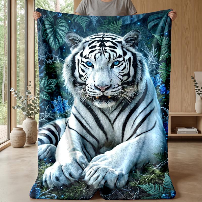 White Tiger in Flowers Theme blanket Lightweight Warm Flannel Blanket Decorative Throw Blanket for Home Decoration