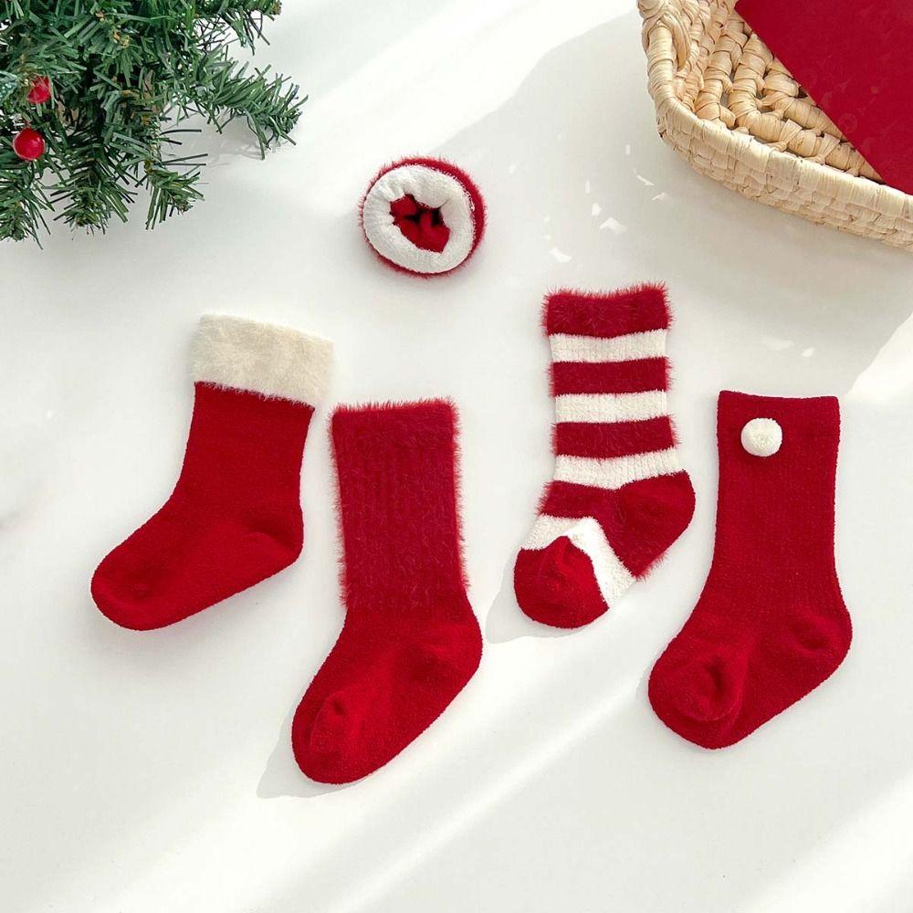 5Paits Stripe New Year Red Socks Thicken Warm Toddle Tube Socks Baby Plush Red Socks  Autumn