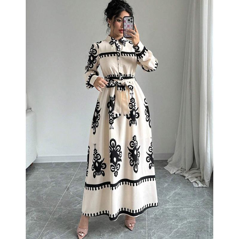 Mote Vintage Langermet Løse Hverdagskjoler Dame Knapper Revers A-linje Trykket Skjortekjole Dame Høy midje Snøring Lang Kjole Vår Ny 25892