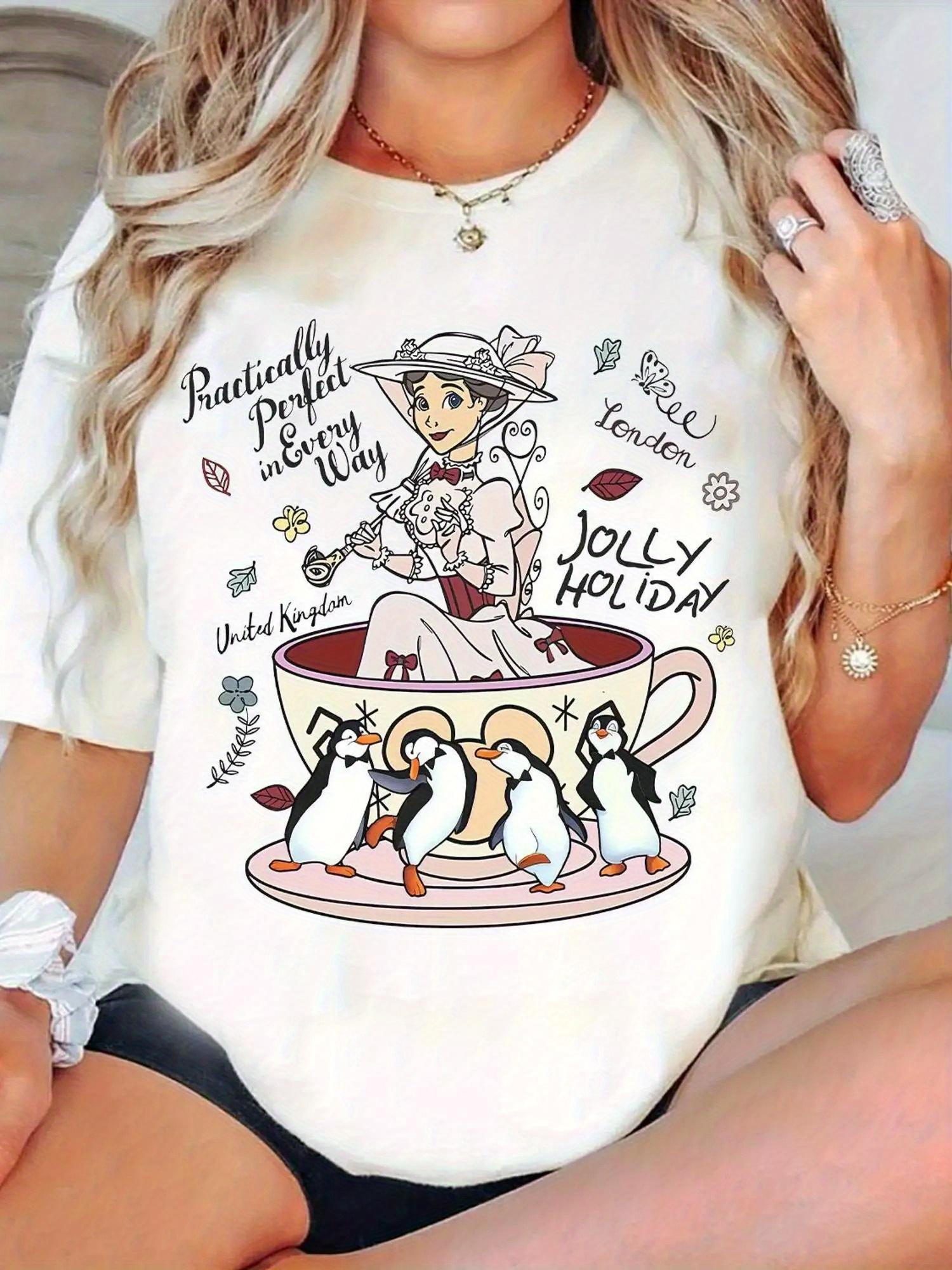 Mary Poppins Jolly Holiday Penguin Tea Party Tshirt authorized by Soft and lightweight shirt with crazy tea cup design S