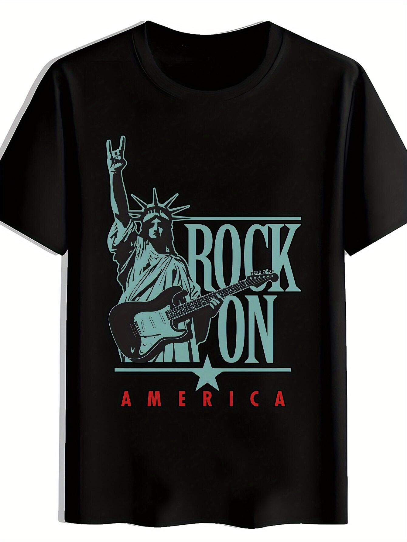 Black Graphic T-shirt - Statue of Liberty Rock n Roll Design Tee S