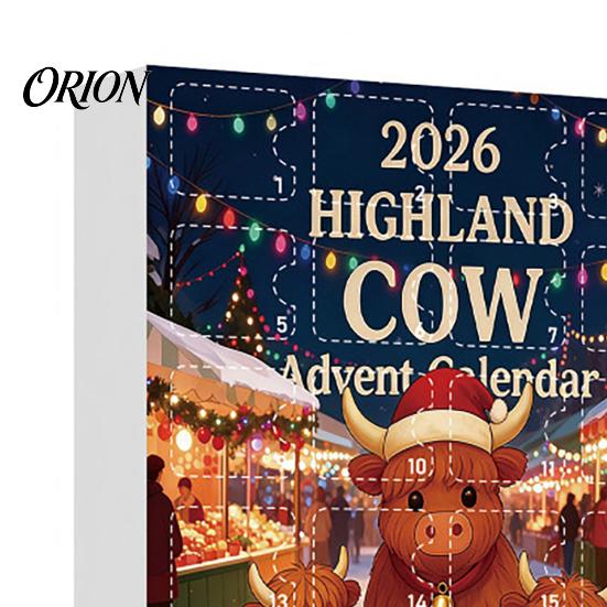 Hochlandkuh Adventskalender Weihnachten mit 24 Acryl-Ornamenten, Festliche Countdown-Box für Zuhause zur Baumaufhängung und Saisonale Dekoration