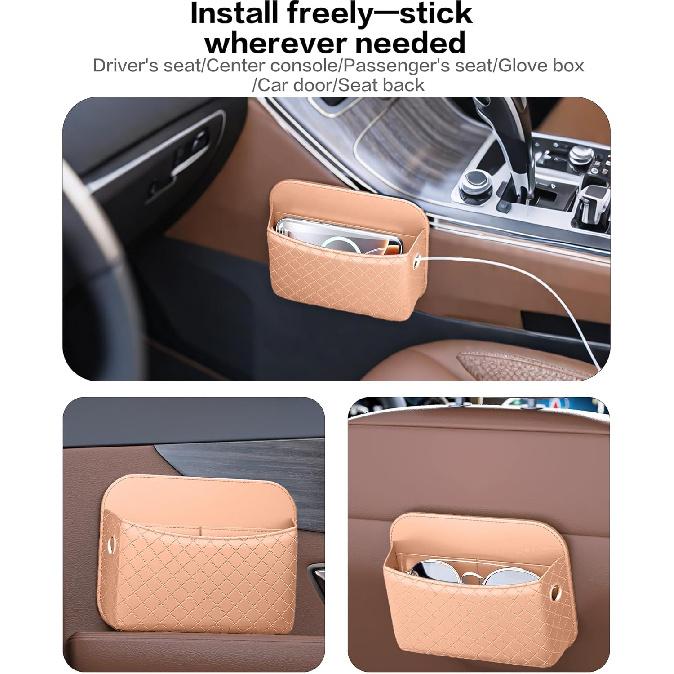Car Door Organizer, PU Leather Storage Pouch With Strong Sticky Back For Phone, Keys - Fits Car Seat Side Pocket & Console Gap, Universal Car