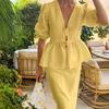 New Summer Women's Clothing Suit Fashionable Casual V-neck Pleated Lace-up Top Bubble Sleeve Skirt