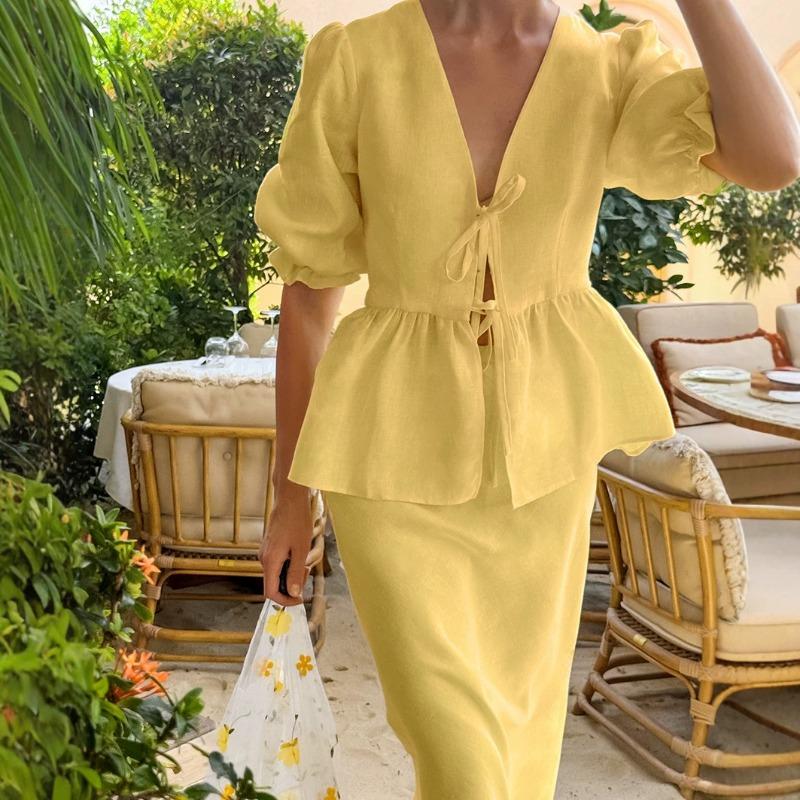 New Summer Women's Clothing Suit Fashionable Casual V-neck Pleated Lace-up Top Bubble Sleeve Skirt