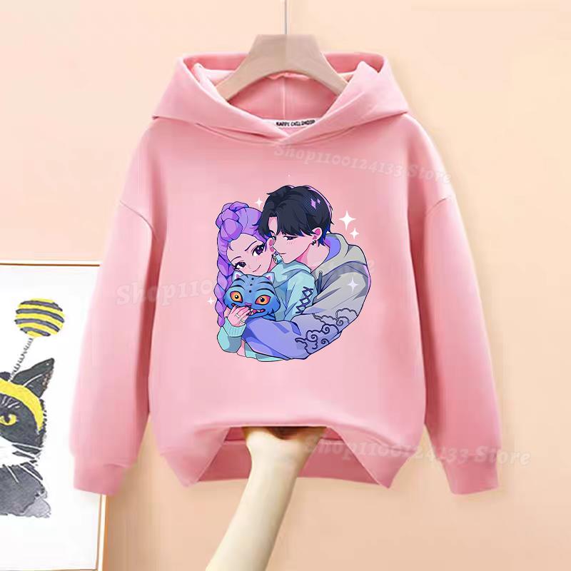 Demone Hunter Girl's Pink Hooded Streetwear Autumn Cute Anime Baby Pullover Kids Y2K Kawaii Long Sleeved T-shirt Casual Clothes