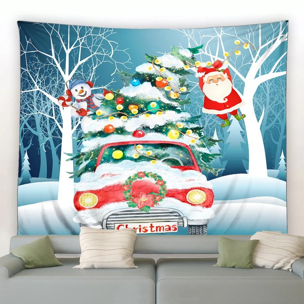 Cartoon Santa Claus Pattern Tapestry Home Bedroom Living Room Wall Decoration Christmas Theme Tapestry