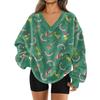 Women's Fashionable V-neck Christmas Printed Long Sleeved Casual Pullover Plush Warm Pocket Sweatshirt Top