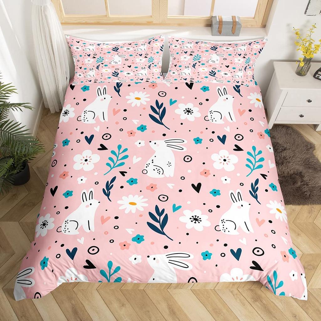 Cartoon Rabbit Duvet Cover Twin Cute Animal On The Moon Quilt Cover Microfiber Cloud Galaxy Space Bedding Set for Boy Girl Gift