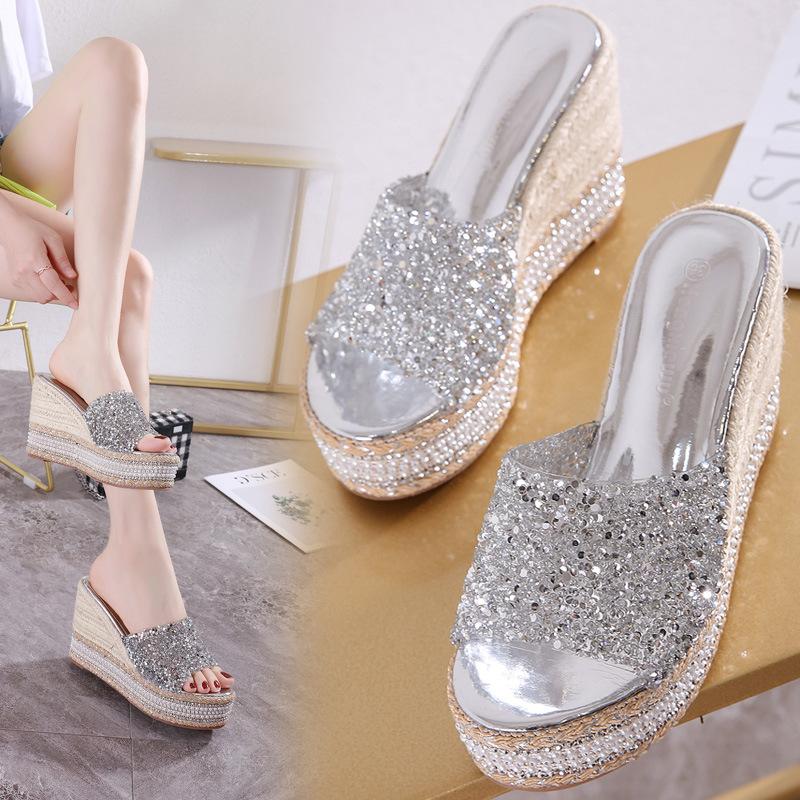 Slope Heel Slippers Super High Heels Slippers Waterproof Platform Sandals Thick Sole Sequins Rhinestone Slippers Women's Outside