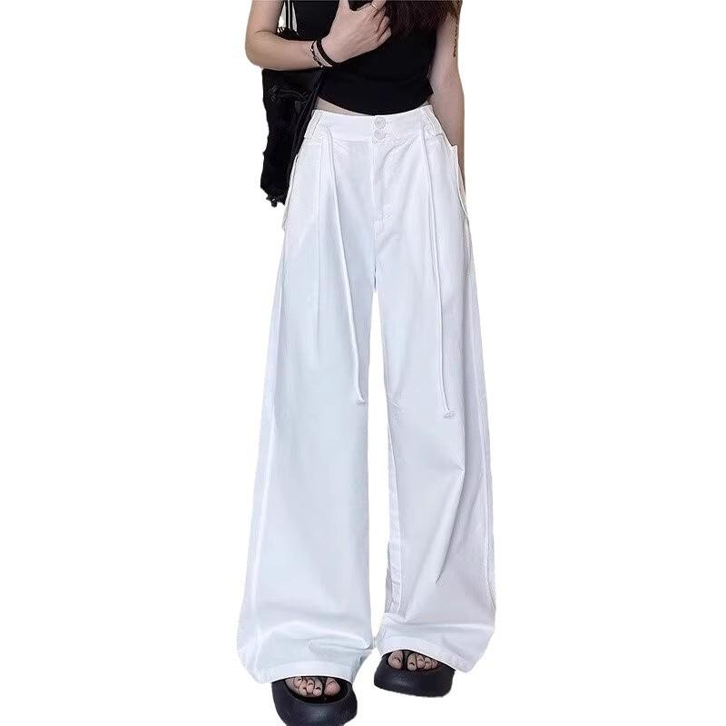 Plus Size Women's High-Waisted Wide-Leg Casual Pants - Spring/Autumn, Loose & Slimming, Floor-Length Draped Style