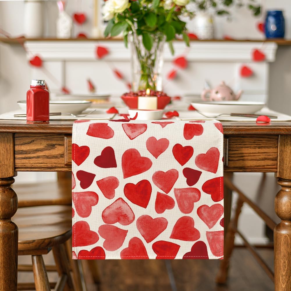 Artoid Mode Red Heart Valentine's Day Table Runner, Seasonal Anniversary Wedding Kitchen Dining Table Decoration for Home Party Decor 13x72 Inch