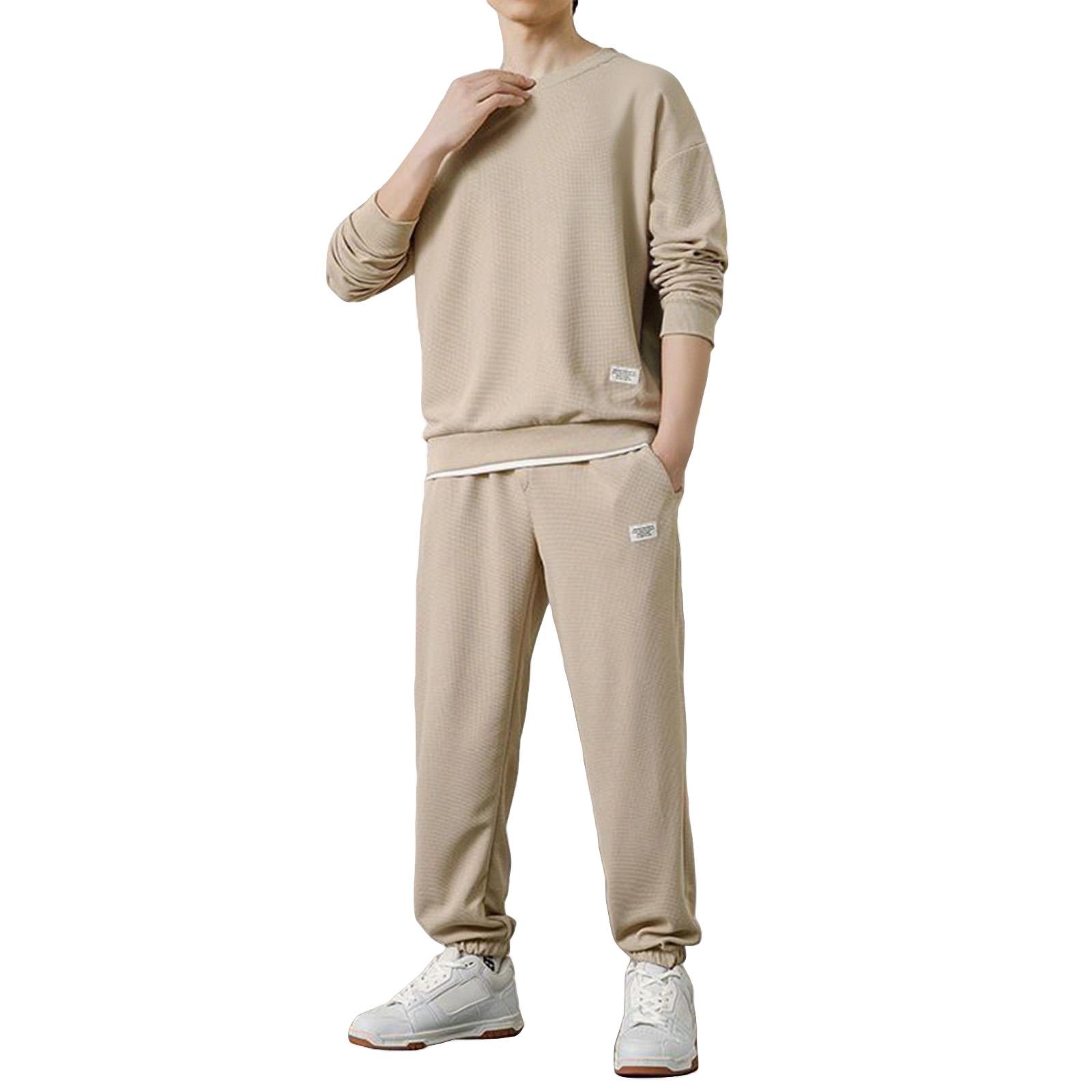 

Men s Solid Color Casual Fashion Long-Sleeved Round Neck Top Sweatpants Set L