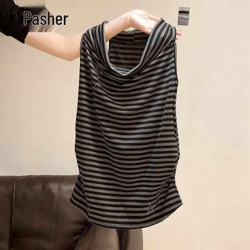 Women s Trendy Slim-Fit Striped T-shirt with Rhinestones & Cartoon Print M