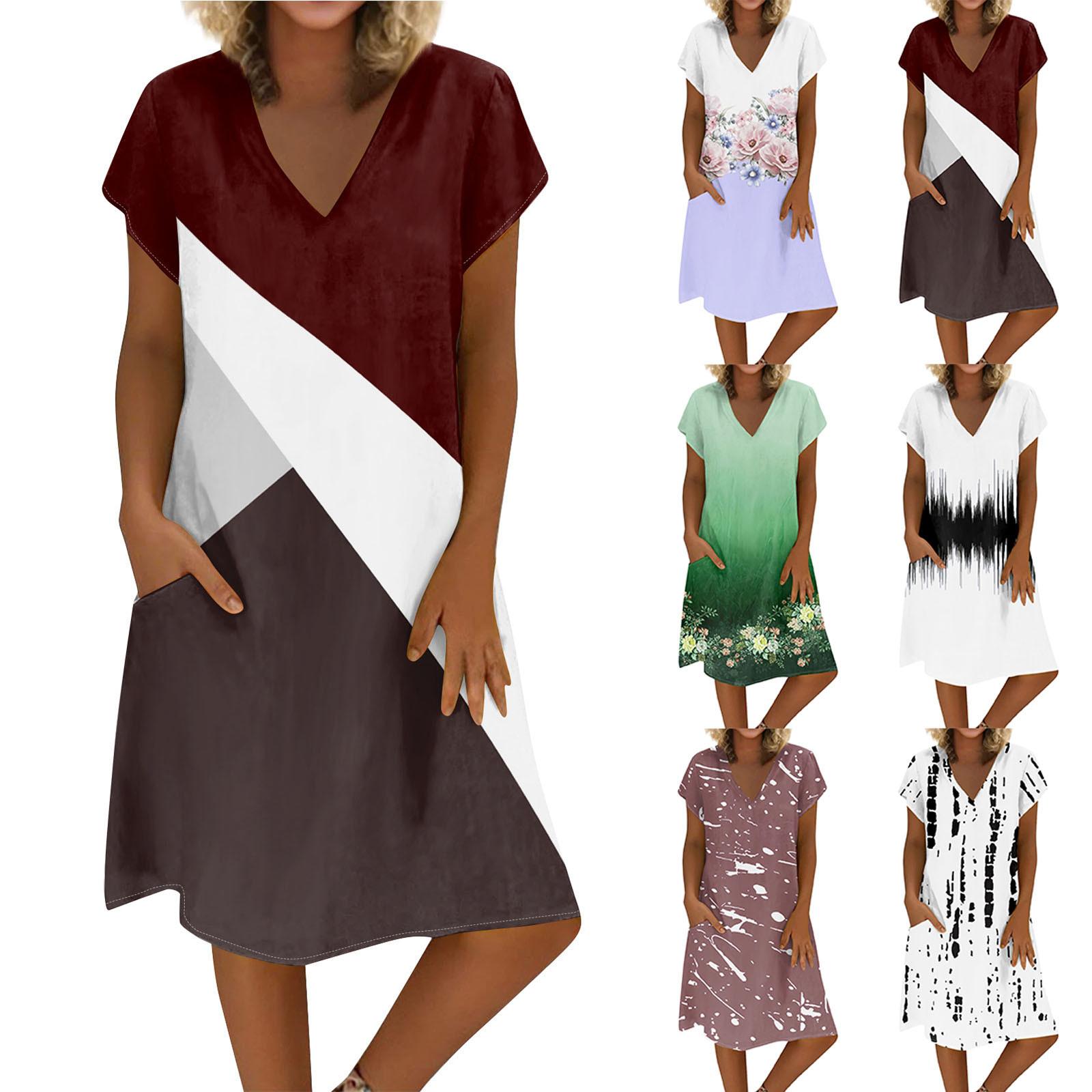 

Women s Summer V-neck Short Sleeve Printed Cotton And Linen Dress S