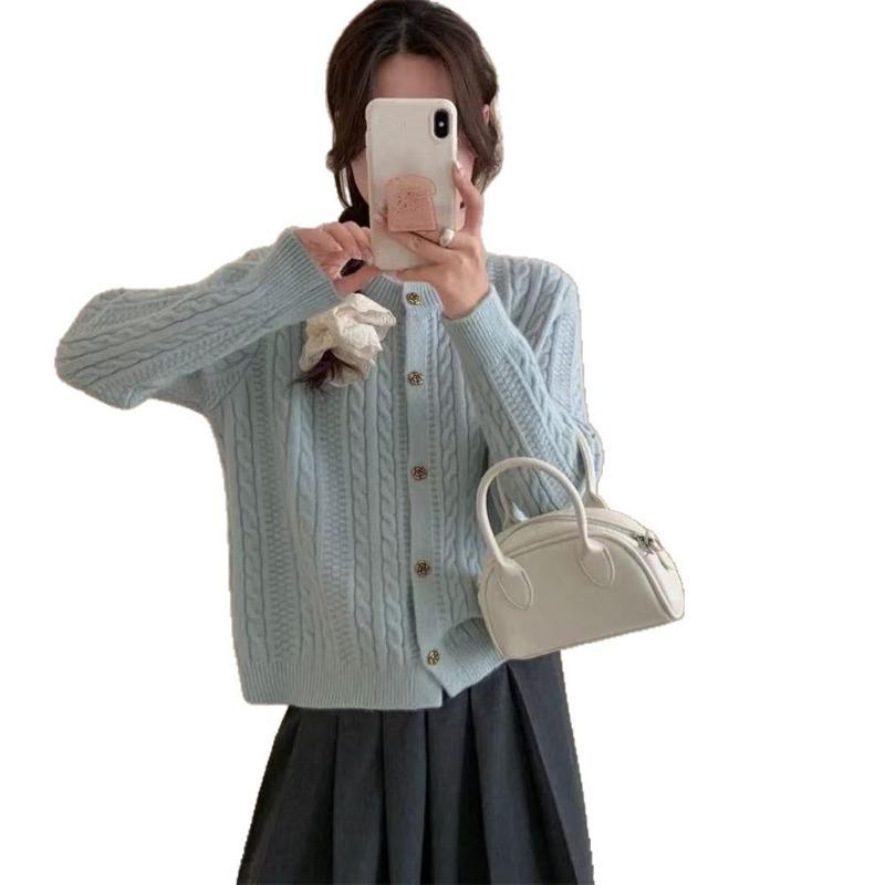 New twist texture woven round neck single-breasted simple long-sleeved loose-knit cardigan for women