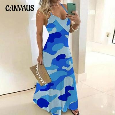 Women's Halter Dress Horizontal Print Tank Top Dress Long Sexy Skirt