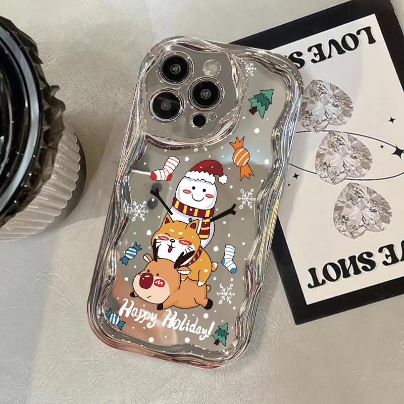 Roztomilý Merry Christmas Pattern Mirrror Shockproof Phone Case pro iPhone 15 Pro Max 14 13 Pro 12 11 Wave Frame Ochrana čočky Lesklé pokovování měkký kryt