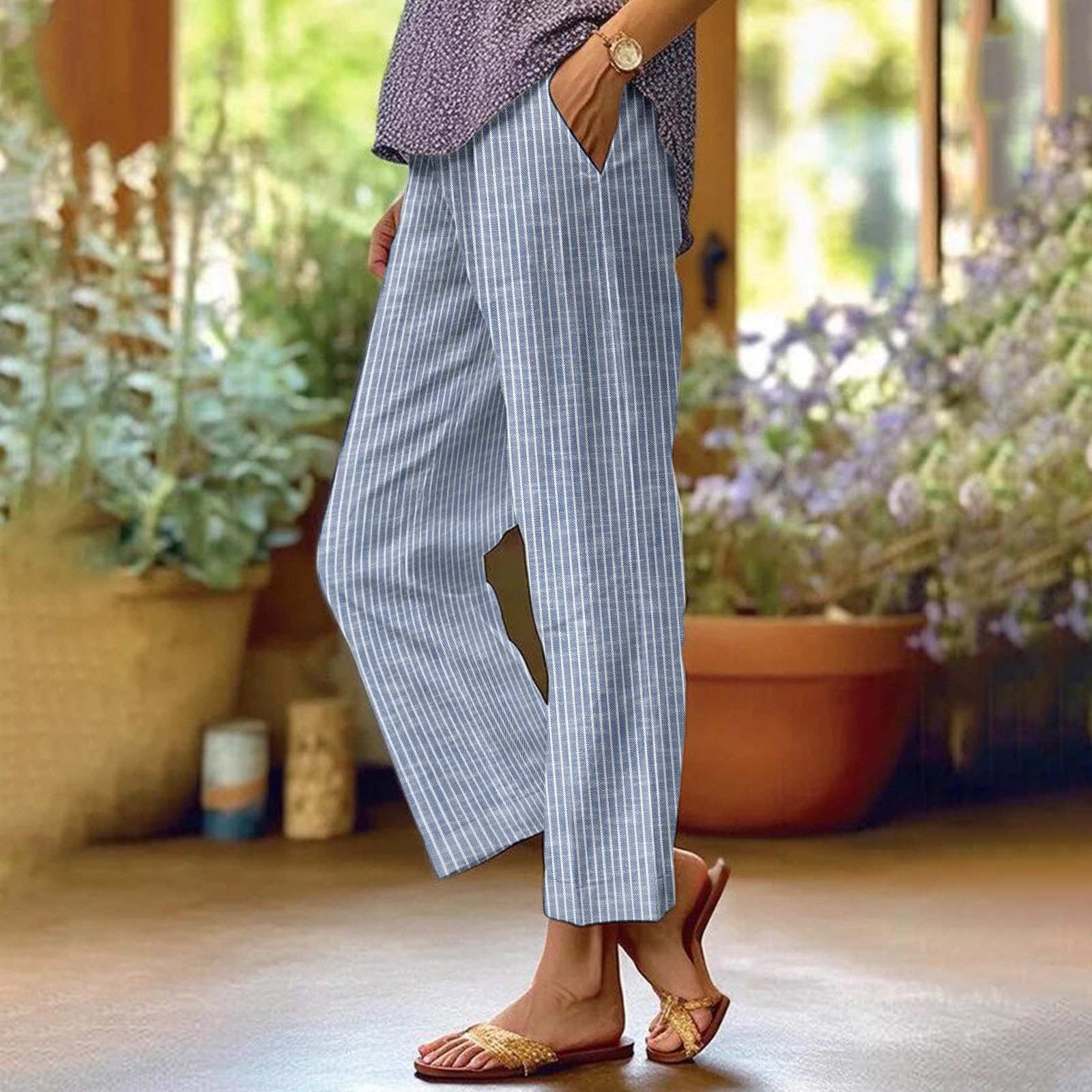 Women s Loose-fitting Striped Pocket Cotton Linen Elastic Waist Straight Leg Striped Trousers L синий