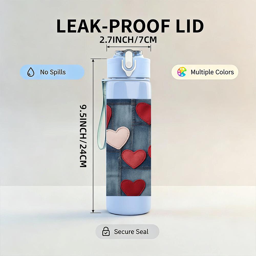 1PC Red Heart Grid Texture 750ml Color Plastic Sports Water Bottle Leakproof Flip Straw Lid For Sports Office Home Use