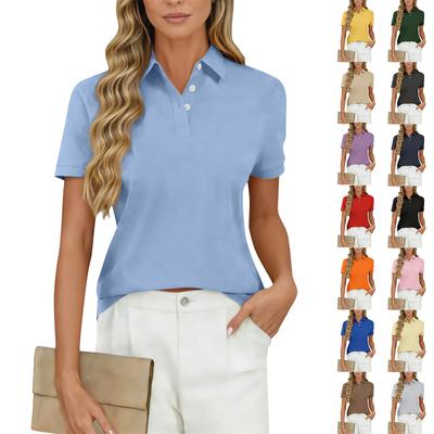 Camiseta de manga corta con cuello en V y botones para mujer, estilo casual de negocios.