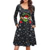 Ladies' Casual Round Neck Long Sleeved Dress Christmas Print Loose Waist Pleated Dress