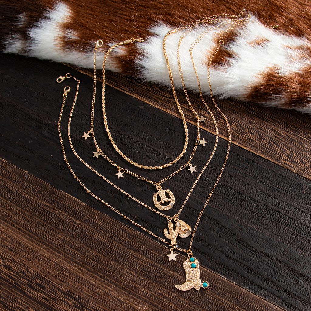 Western Cowboy Love Flower Disc Metal Necklace Vintage Stacked Turquoise Star Pendant Necklace