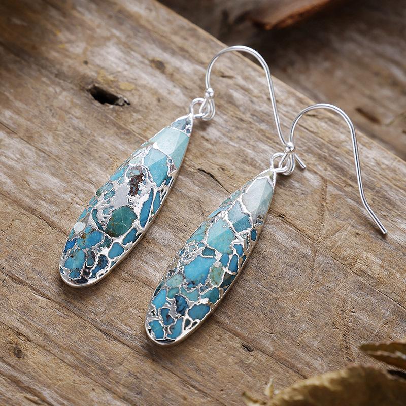 

Natural turquoise long water drop earrings, ear hook earrings, Japanese and Korean designer bohemian popular jewelry срібний
