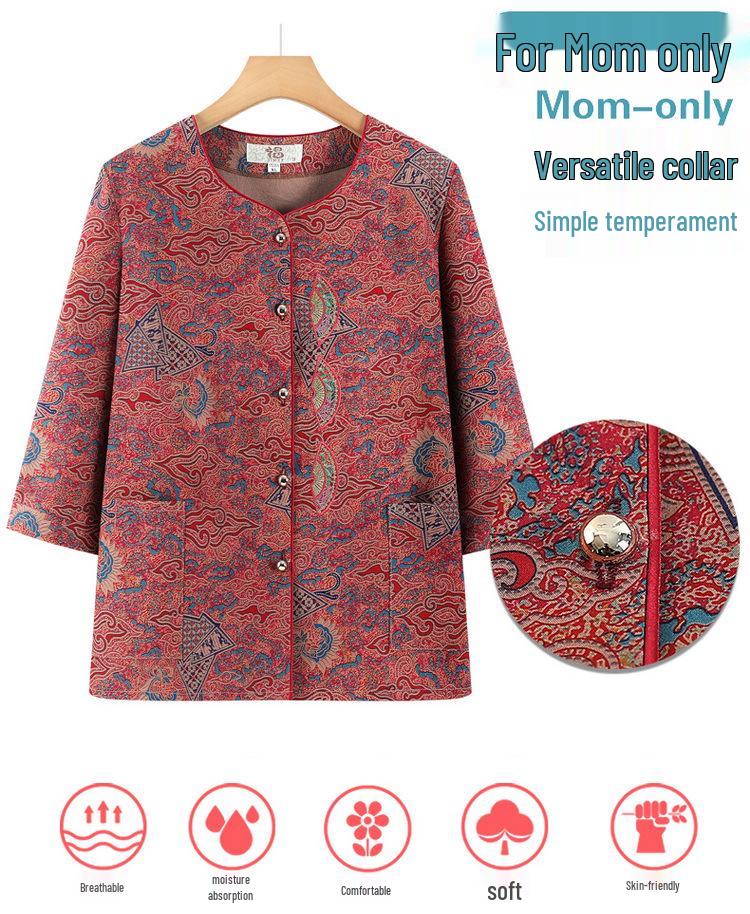Chic Grandma Summer Seven-Sleeve Top Two-Piece Set - Chinese Style Fashion for Middle-Aged & Elderly Women
