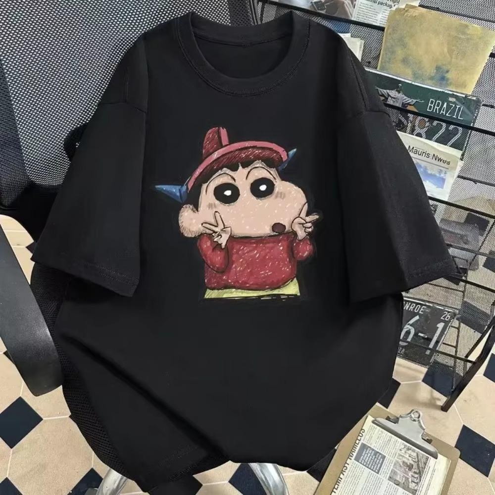 

2025 Summer Fashion Crayon Shin Chan Print Casual Women s T-shirt Short Sleeve Street Y2k Harajuku Loose Round Neck T-shirt S чёрный