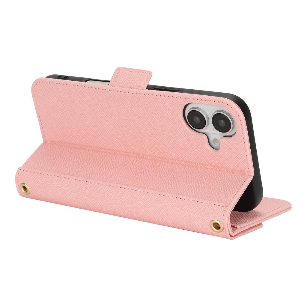 For iPhone 16 Stand Case Cross Texture PU Leather Wallet Phone Cover with Shoulder Strap/Makeup Mirror