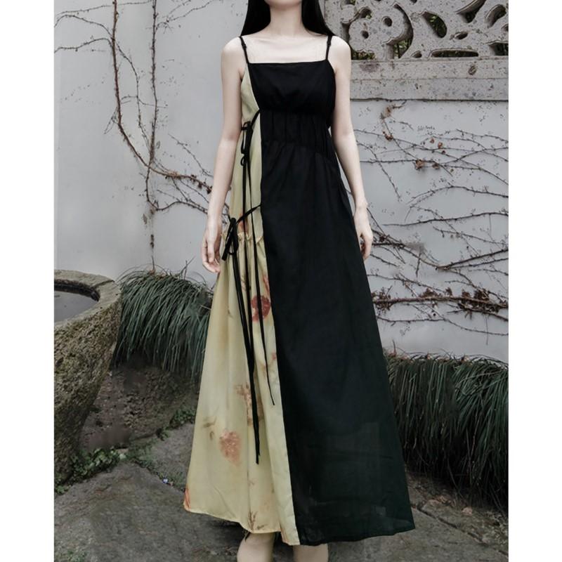 Johnature Woman Summer Chinese Style Print Devise A-Line Dress Niche Casual Vintage Sleeveless Dress