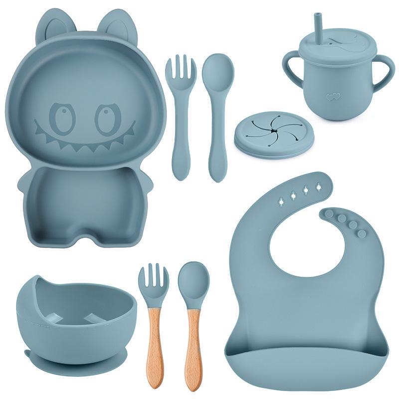 Baby Silicone Dinnerware Set: Silicone Bowl, Cartoon Plate, Bib, Divided Stainless Steel Spoon, Fork, Cup.