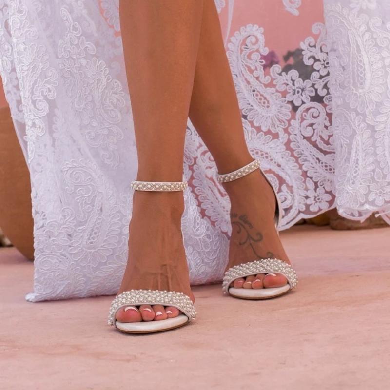 Fashion Chunky Heel White Bridal Sandals Round Toe Open Toe Pearl Single Strap Plus Size Women Shoes Fashion Wedding High Heel