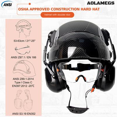 CE Carbon Fiber Safety Cap with Adjustable Vent Slot Double Goggles Built-in Visors Earmuffs Safety Helmet Construction Work Cap